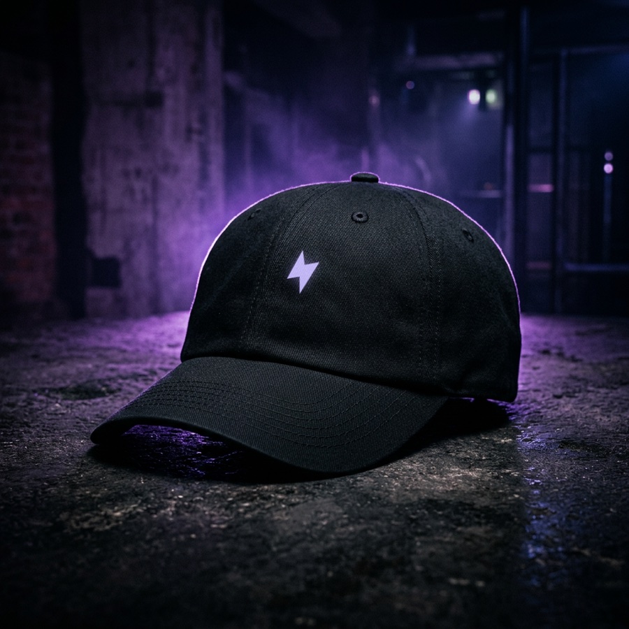 Storm Cap — black unstructured cap with embroidered bolt, shot in a hazy warehouse