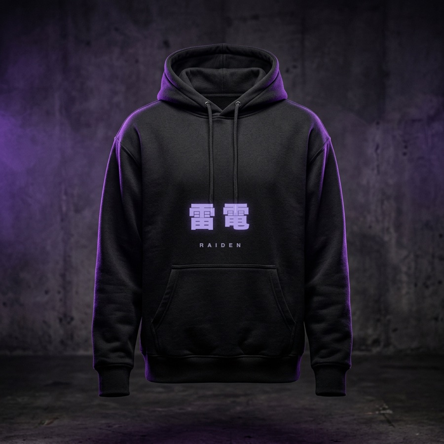 Raiden hoodie — black heavyweight hoodie with 雷電 kanji chest print