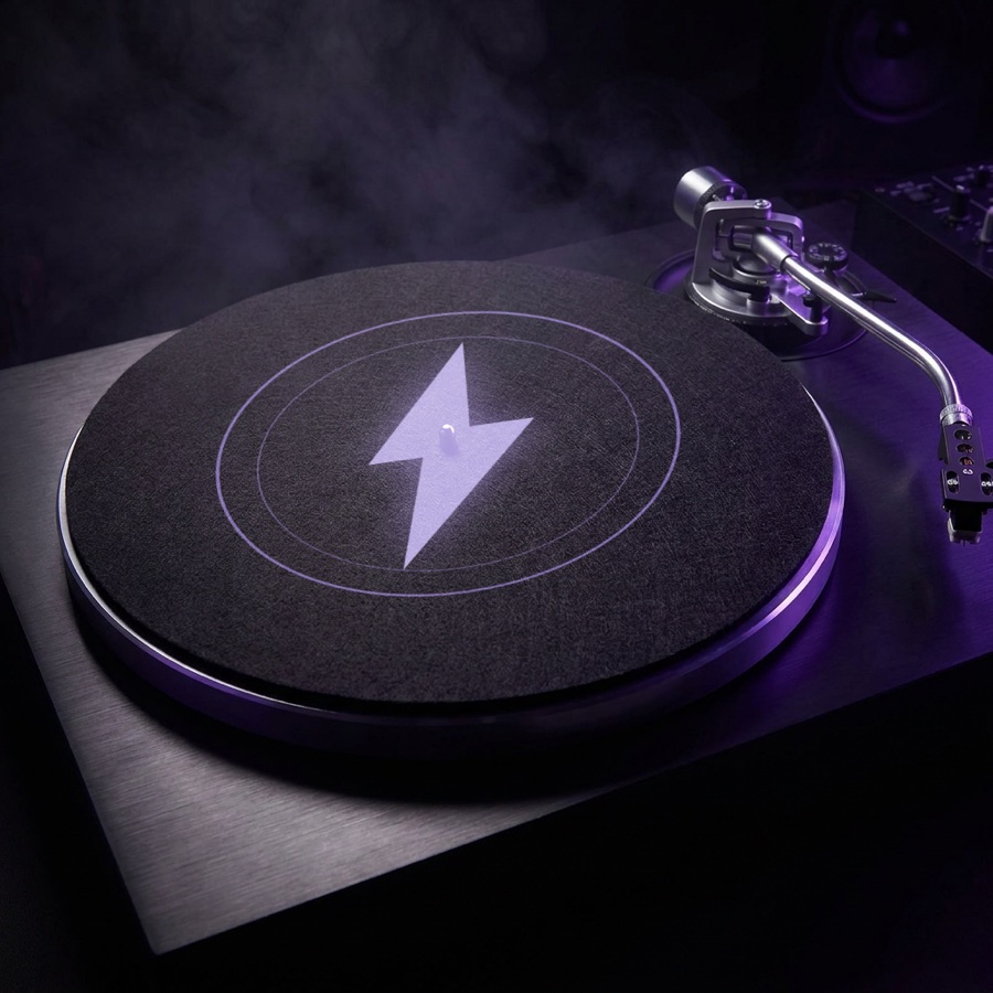 Slipmat pair — black felt slipmat with strike graphic on a turntable