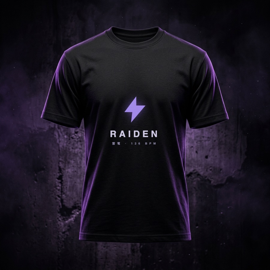 Bolt Tee — black heavyweight tee with violet bolt and RAIDEN chest print